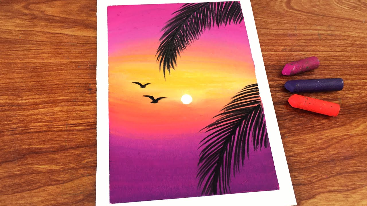 Sunset Palm Leaves Oil Pastel Painting for beginners | Oil Pastel Drawing