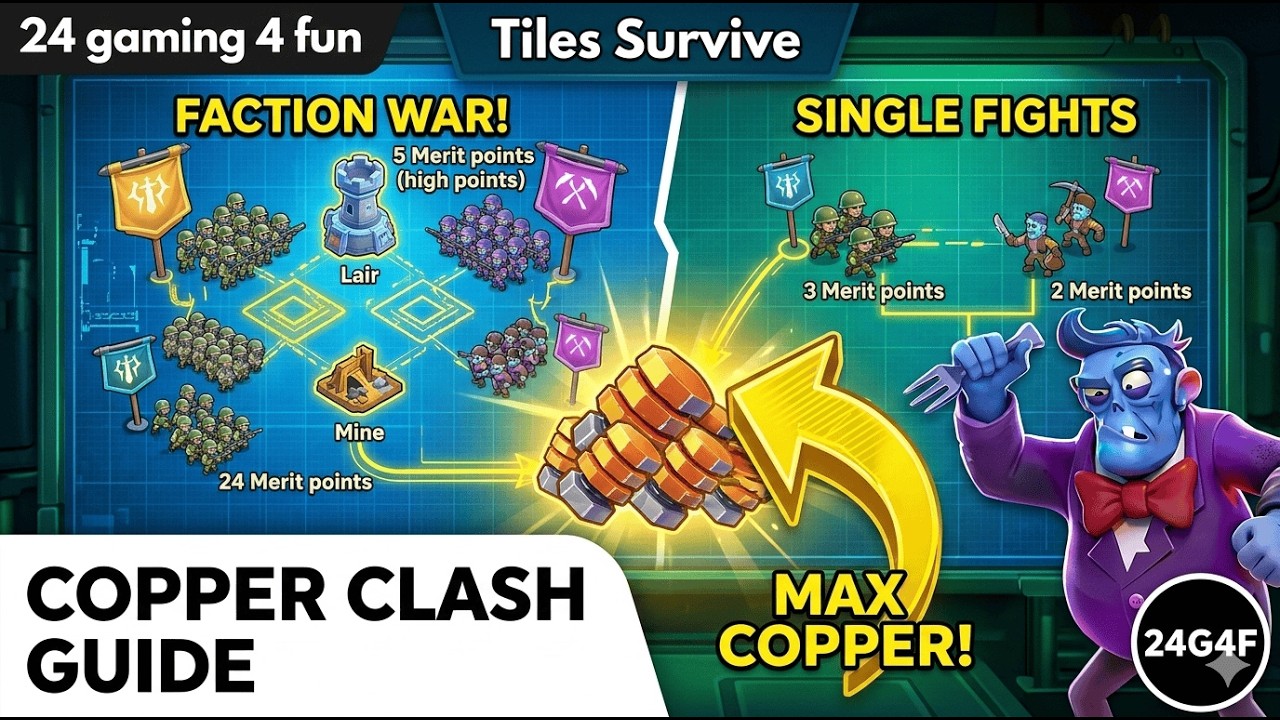 Tiles Survive - Copper Clash: логова, шахты, заслуги, руководство, все три основных источника мед...