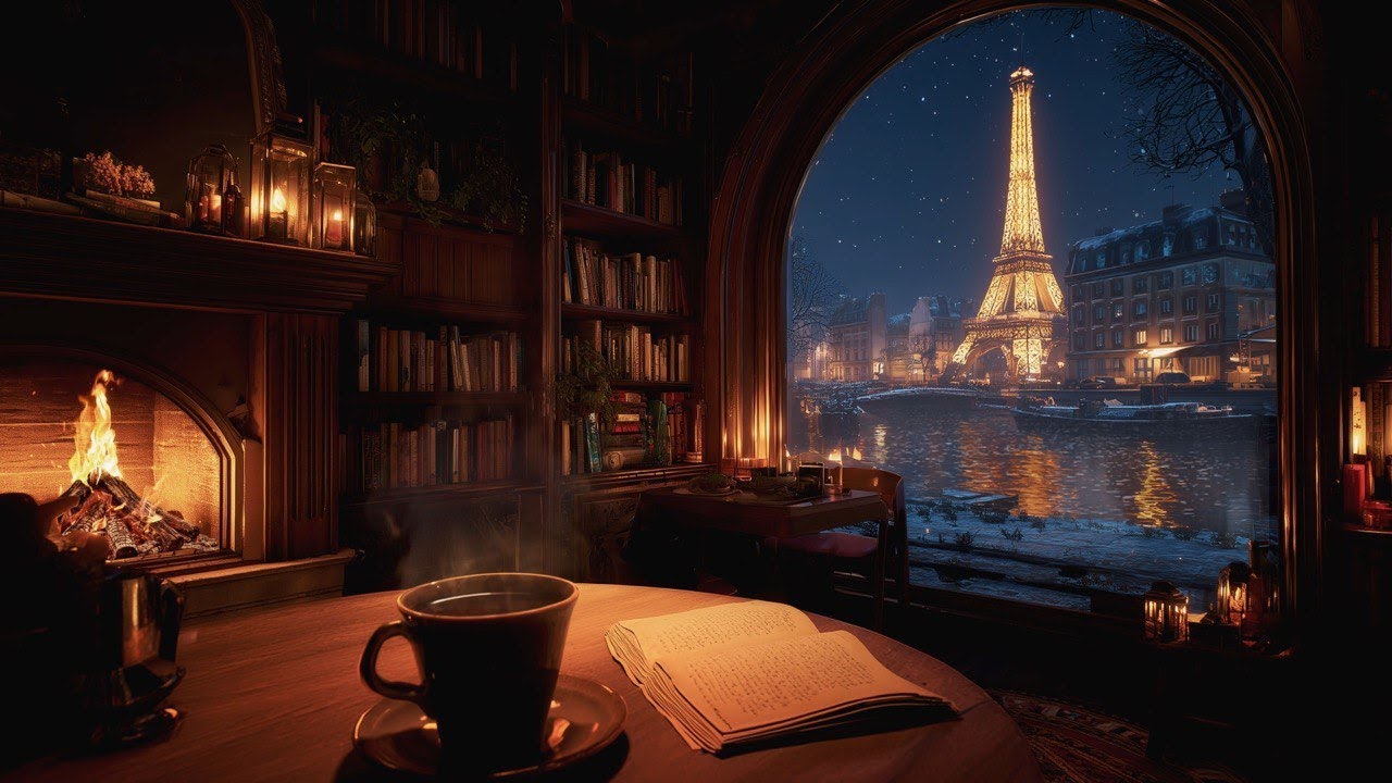 Relaxing March Jazz in Cozy Coffee Shop in Paris ☕️ Cracking Fireplace & Soft Jazz Music for Calm Mi