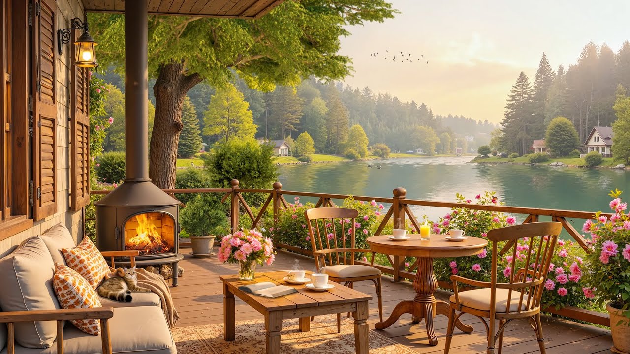 Peaceful Lakeside Morning on the Porch 🌅 Nature Sounds & Cozy Campfire for Relax, Study
