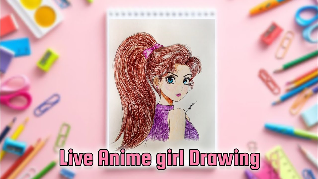 Live drawing Anime girl. Color Pen art.