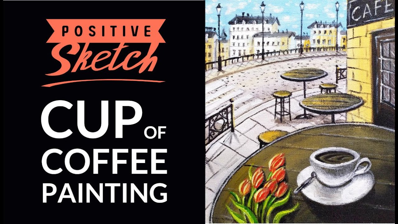 Cup of coffee painting, Acrylic painting tutorial, Easy cityscape