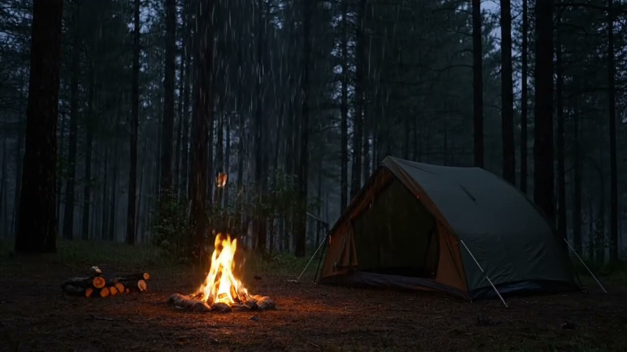 Steady Rainfall Over Quiet Pine Forest Camp with Warm Firelight for All Night Sleep