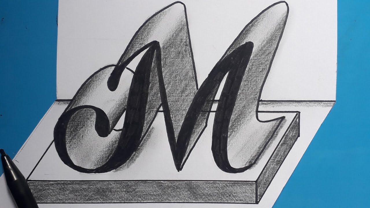 3d Drawing Letter M On Flat Paper For Beginners / How To Write Easy Trick Art With Pencil - Marker