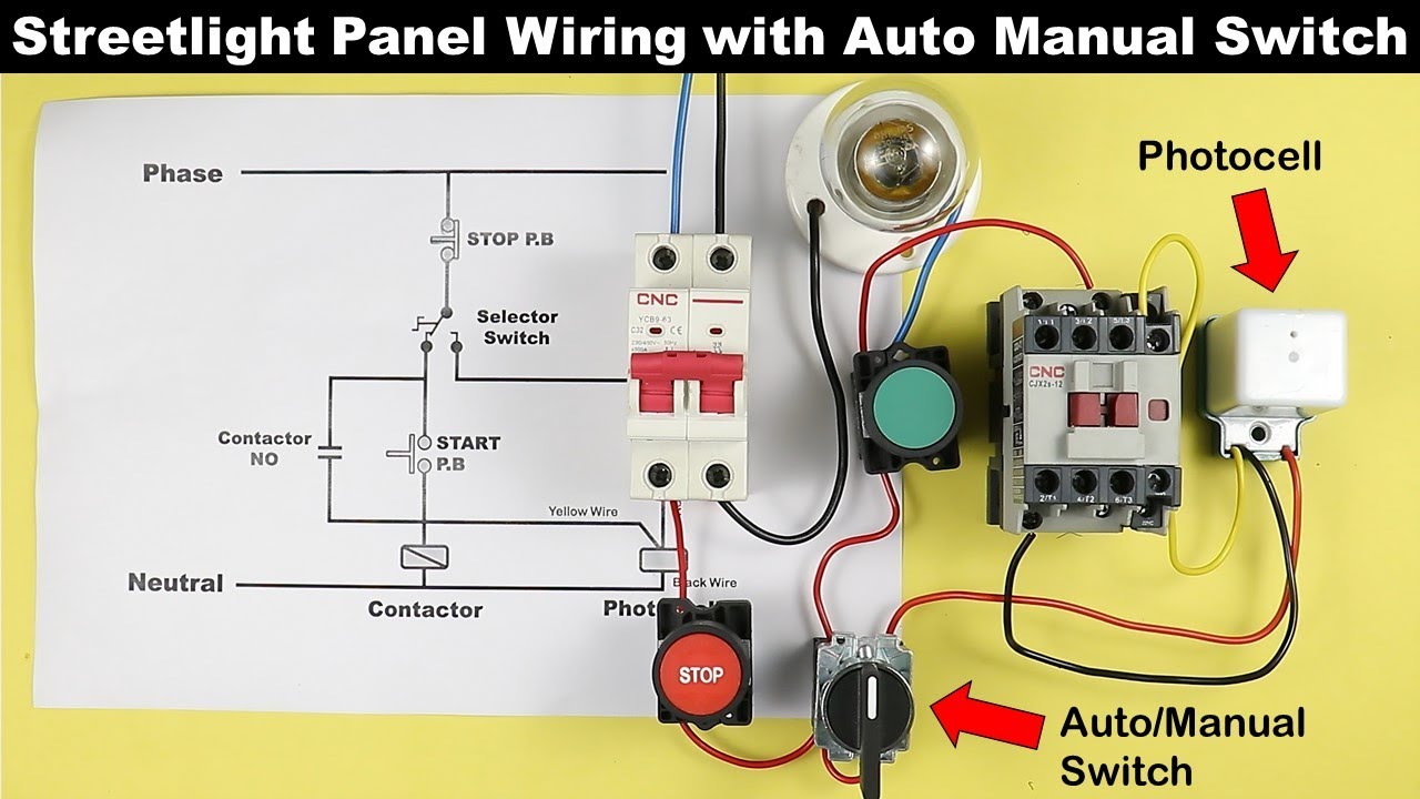 Streetlight Panel, Auto Manual Switch Connection with Photocell Sensor  @ElectricalTechnician