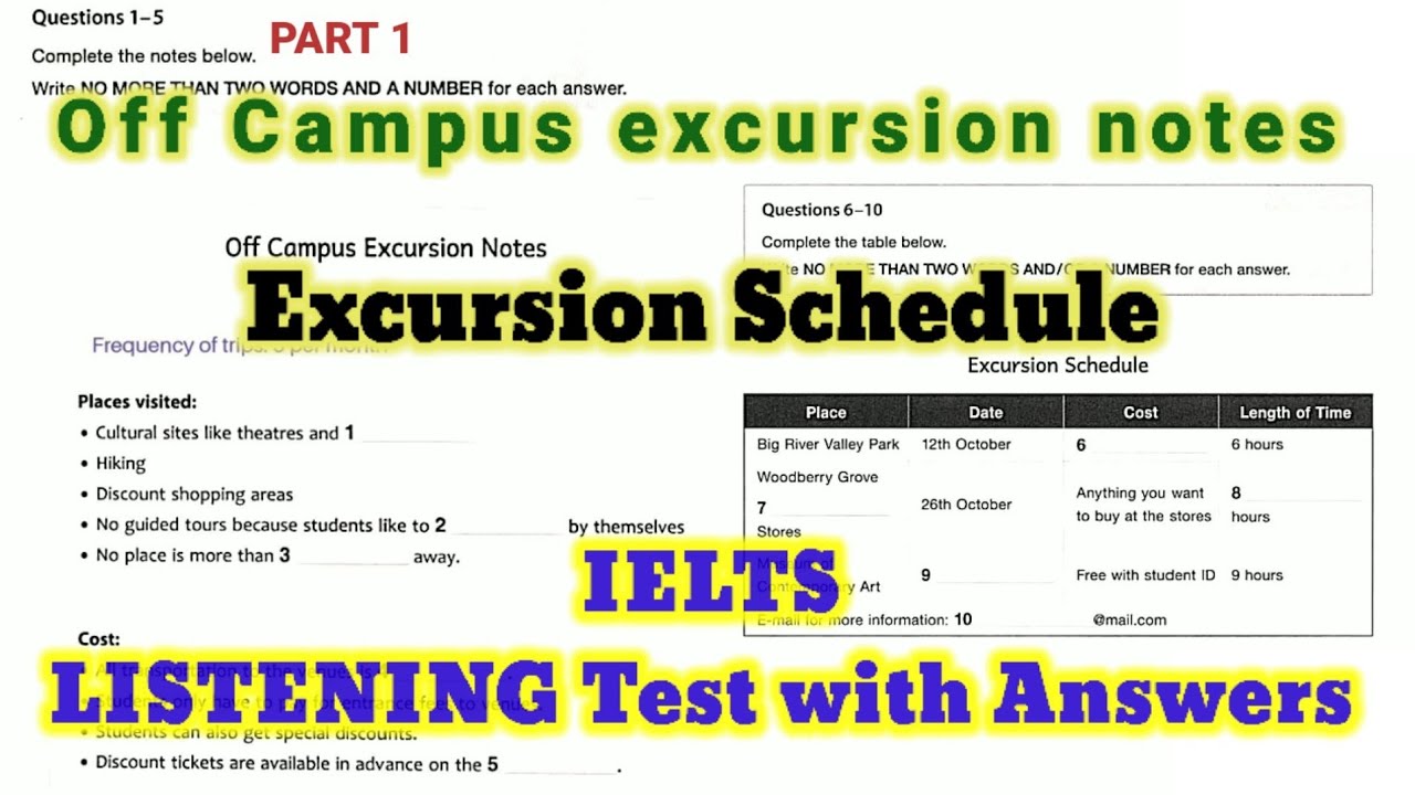 Off Campus Excursion Notes Listening Test with answers | LATEST LISTENING TEST