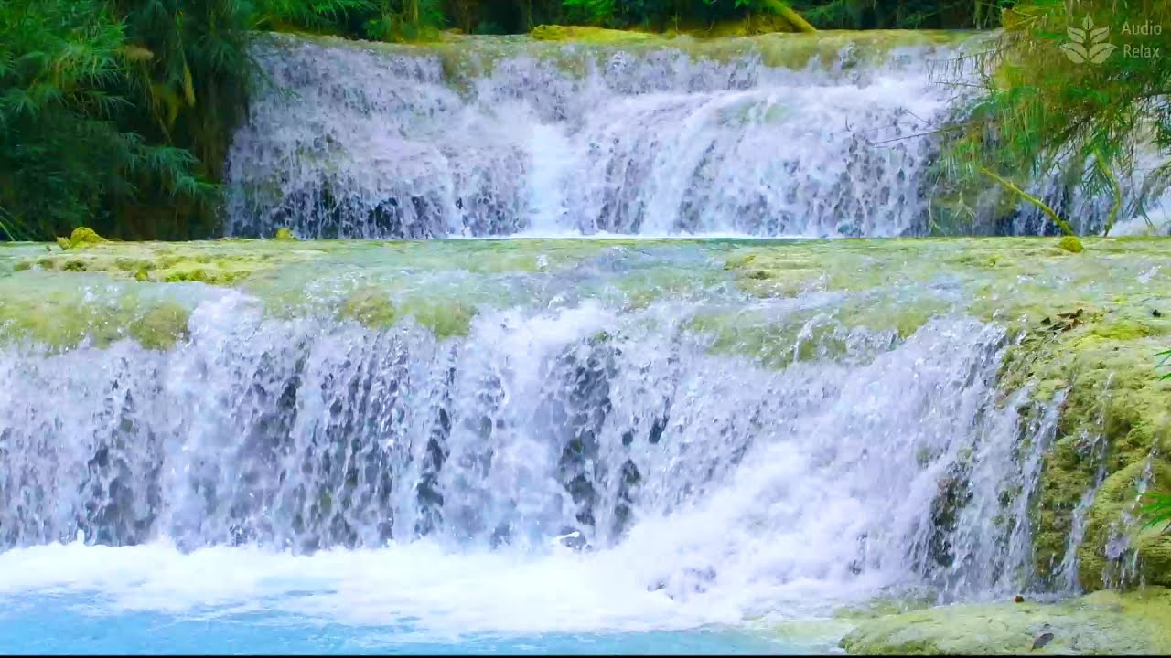 Calming Turquoise cascade Waterfall Sound. Nature ASMR. Audio Relax