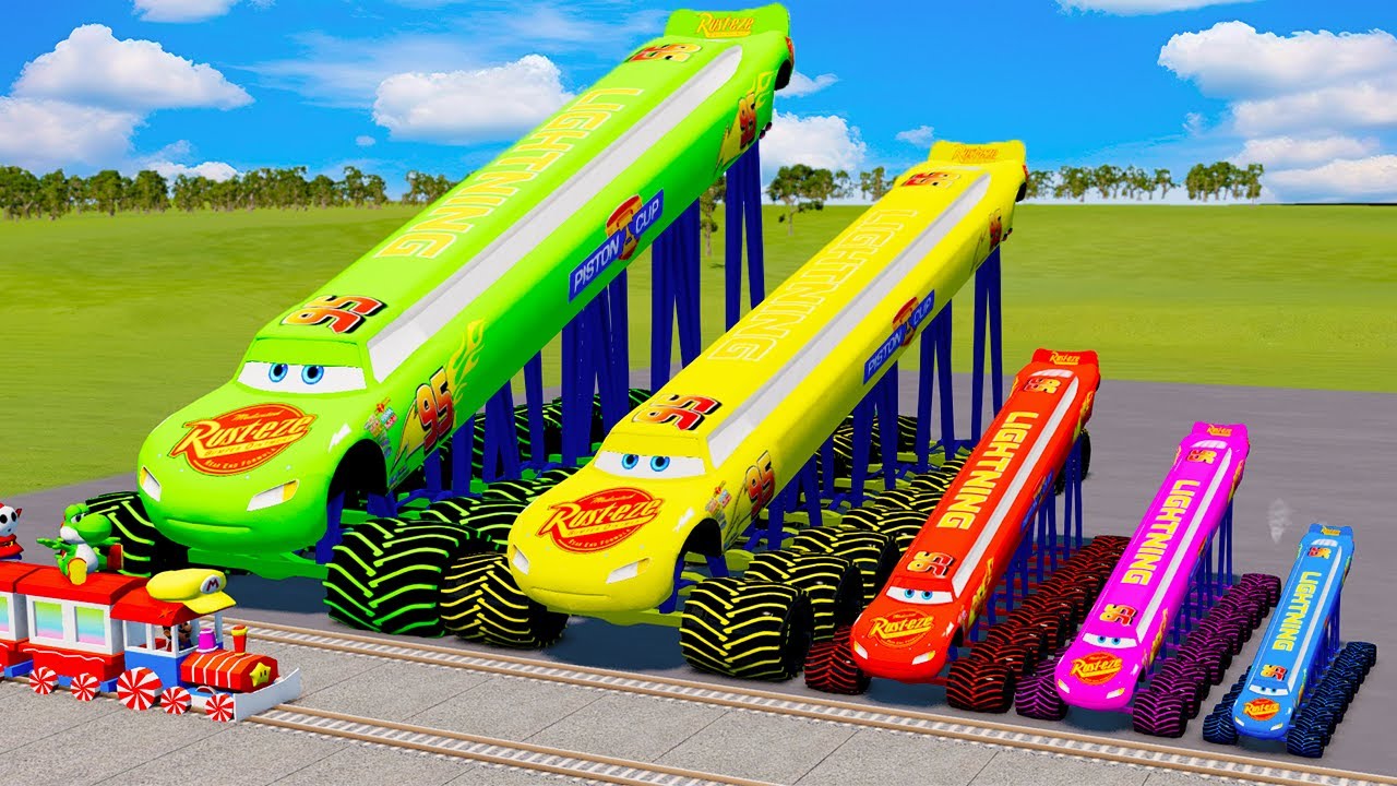 Big & Small, Long & Tall Colors Lightning Mcqueen with Monster Truck vs Mario Train | BeamNG.Drive