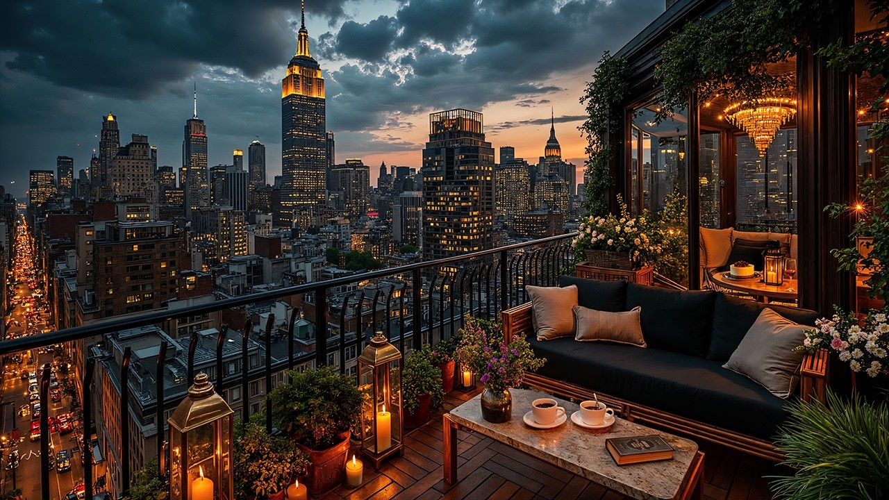 Luxury New York Night Jazz ☕ Rooftop Café Ambience & Relaxing Jazz Instrumental for Focus & Work