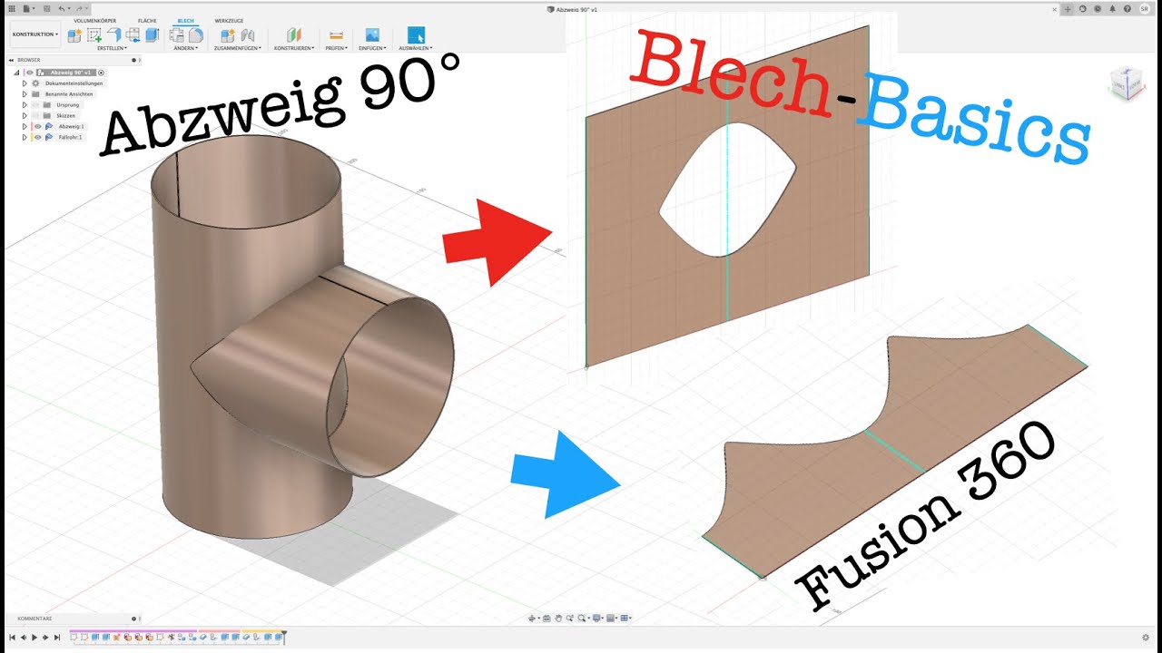 Fusion 360, Abzweig 90 grad, Körper dann Blech