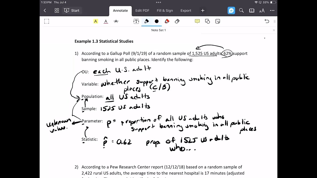 STAT: Example identifying OU, variable, population, sample, parameter, statistic  (pg 4)