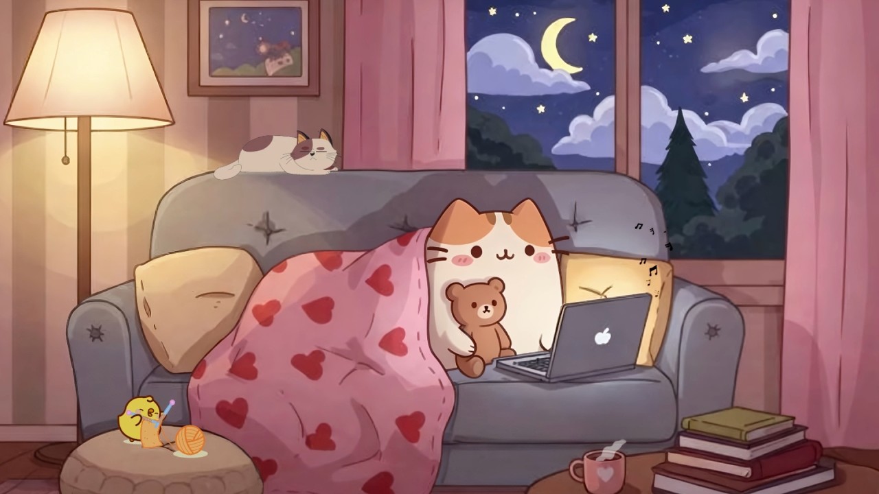 Cozy Late Night Study Pusheen's the Cat 🌙 Calm Lofi Cat Music 💻 Soft Beats for Focus, Relax & Sleep