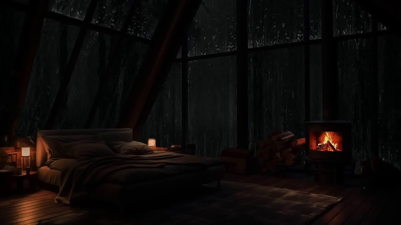 Listening to steady rain outside a warm cabin hidden deep within the forest
