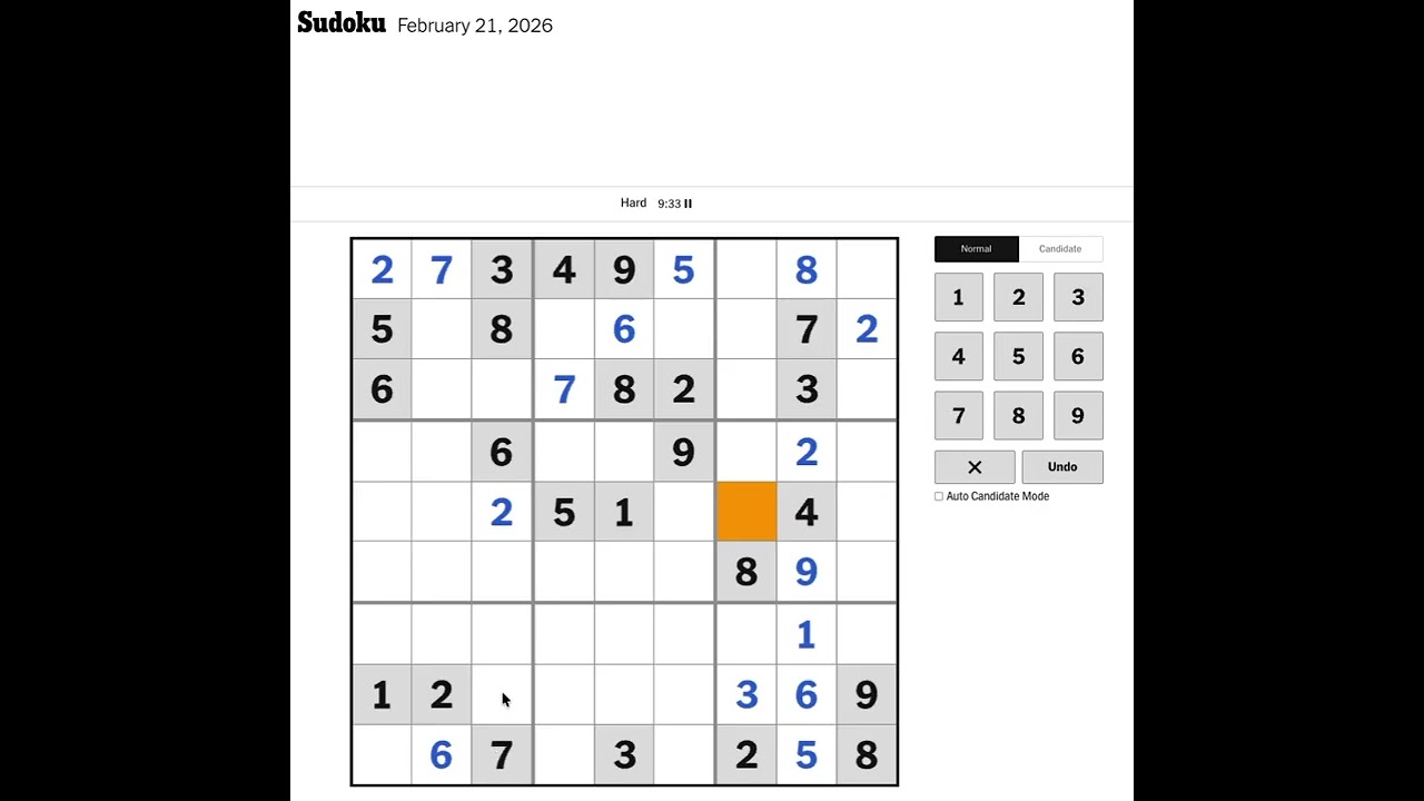 New York Times Sudoku Hard Solution for February 21, 2026: Solving without Markings