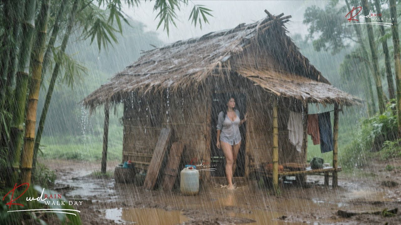 EXTREME WEATHER WITH HEAVY RAIN STORMS AND WINDSTORMS IN ASIAN RURAL LIFE, RAIN WALK FOR RELAXING