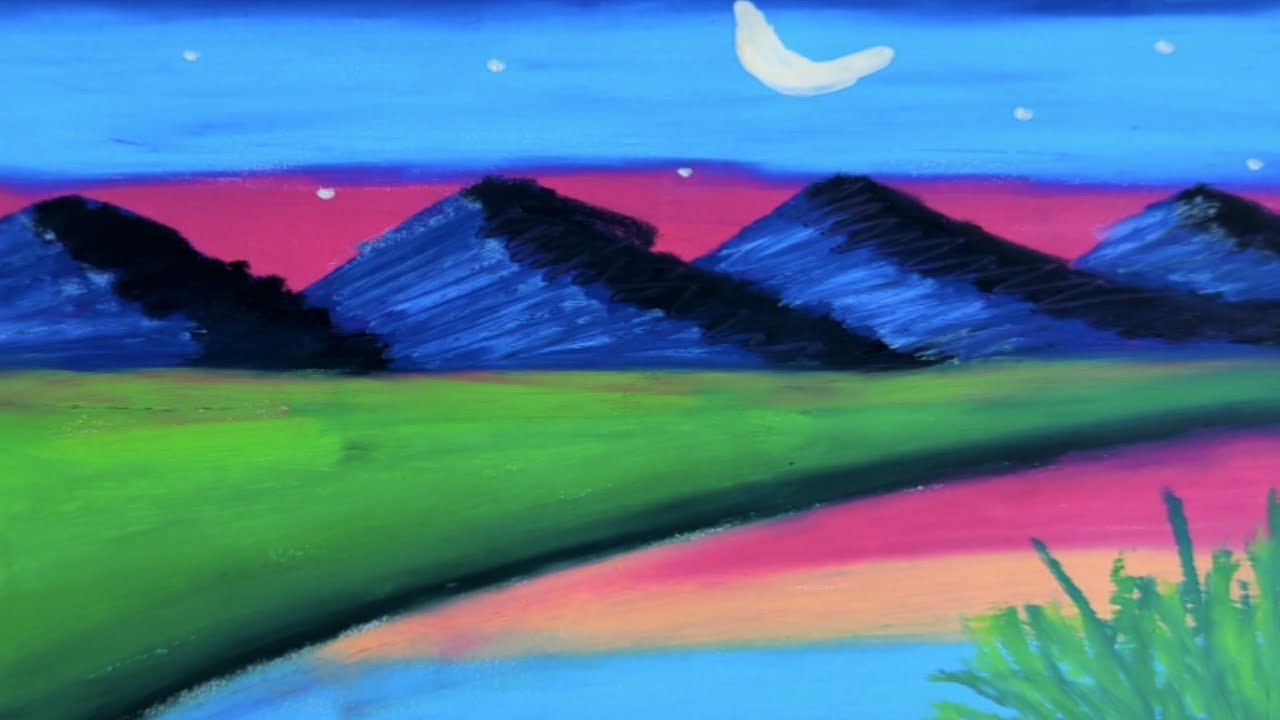 How to Draw Easy Mountain Night Landscape Drawing with Oil Pastels | Beautiful Scenery Art