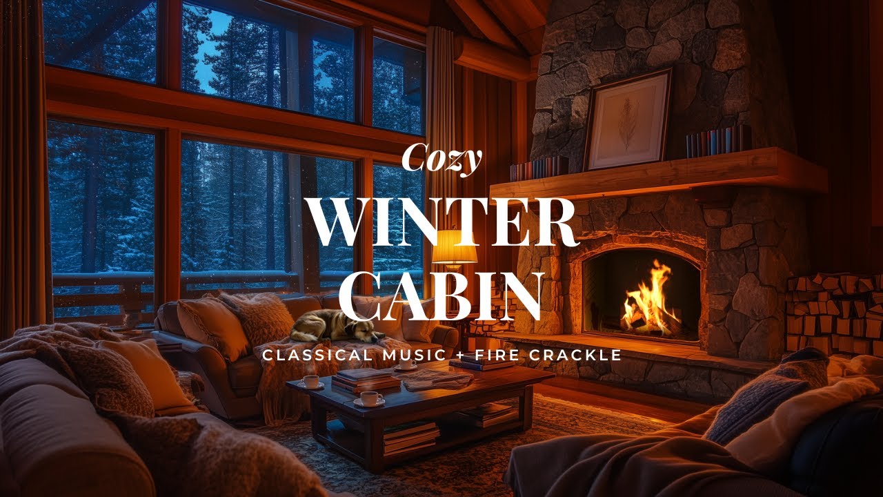 (No Ads) Cozy Winter Cabin Ambience ❄️ Fireplace, Dog Napping, Snowfall & Soft Classical Music