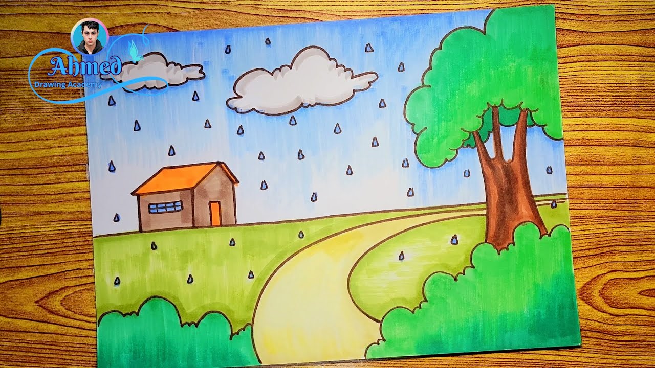رسم عن فصل الشتاء || رسم يوم ممطر