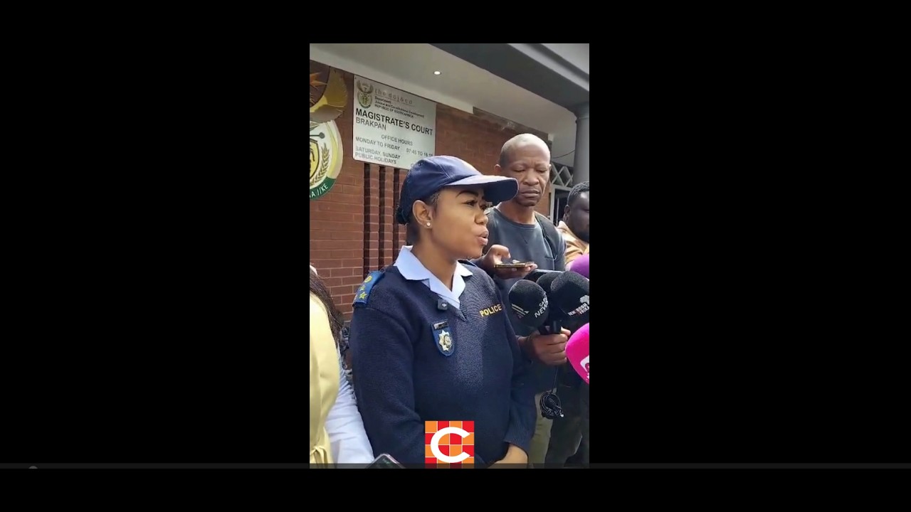 Brigadier Athlenda Mathe speaking to the media outside #Brakpan Magistrate's Court.