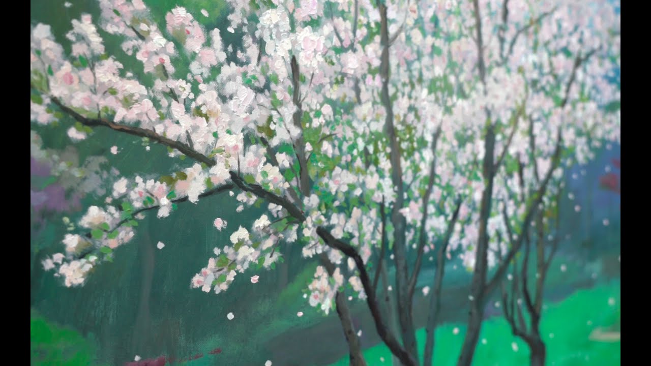油画两棵樱花树 blooming cherry trees-oil painting