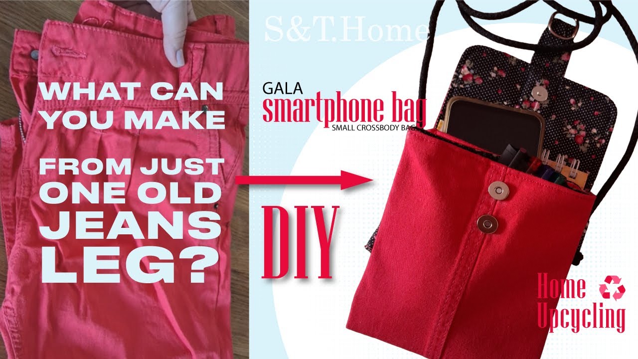 Crossbody Phone pouch. Video tutorial. DIY Upcycling bag pattern. Sewing from old denim jeans