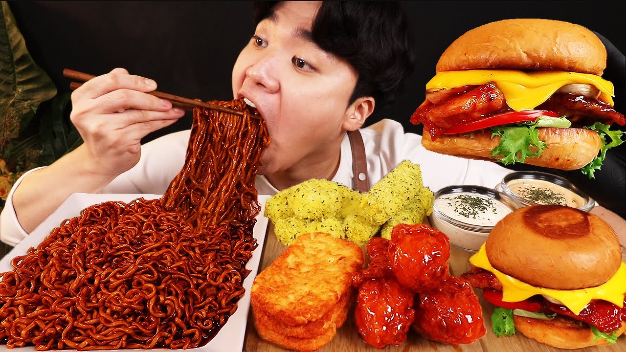 ASMR MUKBANG 버섯 햄버거 & 치즈 스틱 & 양념 치킨먹방! FIRE Noodle & FRIED CHICKEN & CHEESE STICK EATING SOUND!