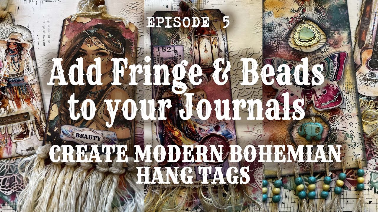 Junk Journal Ephemera and tag Tutorial, Bohemian Tags, Adding Fringe and Charms in a window,