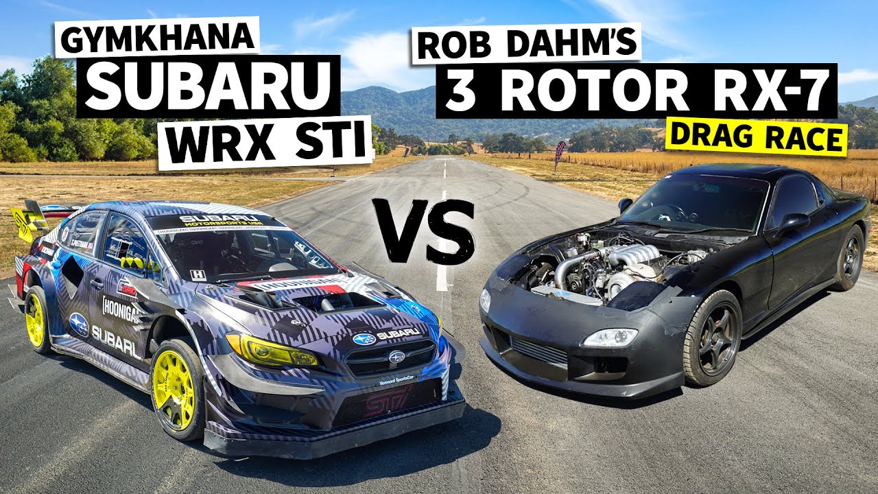 Rob Dahm’s 1,000hp 3 Rotor RX-7 drag races Travis Pastrana’s Gymkhana 2020 Subaru STI