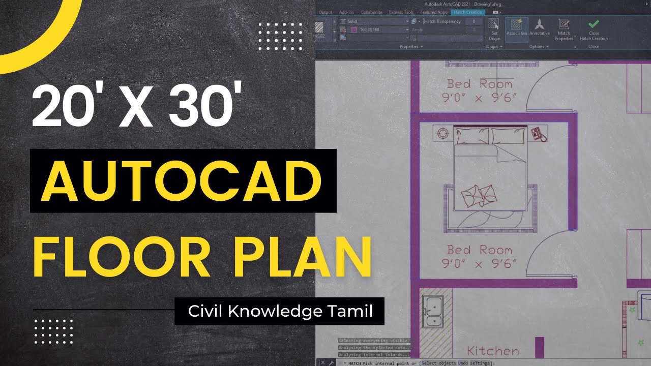 20' x 30' house floor plan in AutoCAD | small 2 bed room East Facing house I 600 SQFT HOUSE DESIGN