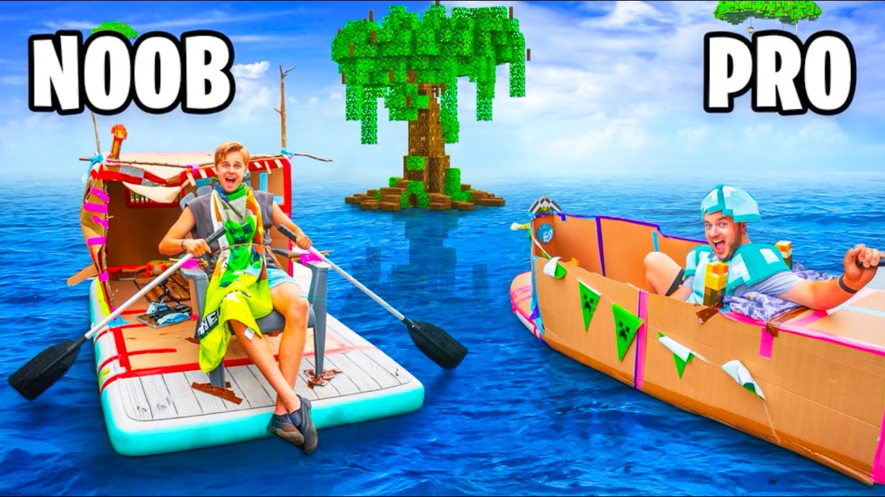 Noob Vs PRO Minecraft IRL Floating Box Fort 24 Hour Challenge!
