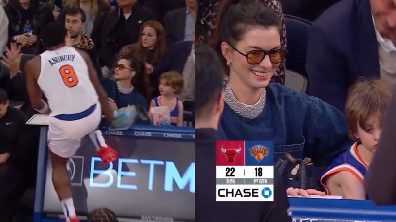 OG Anunoby spills stuff all over Anne Hathaway as he crashed into her 😂