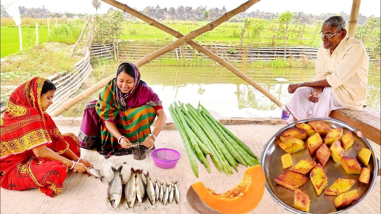 বাড়ির পুকুরে মাছ ধরে পাকা কুমড়োর ধোকা আর সজনেডাটা দিয়ে চারাপোনার ঝোল রান্না করলাম||village fishing