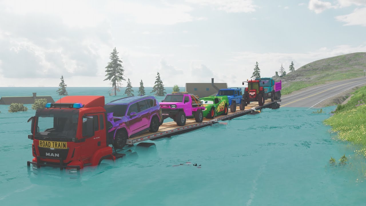 Тройной прицеп-платформа McQueen Transportation с грузовиком — Speedbumps vs Cars vs Train — Beam...