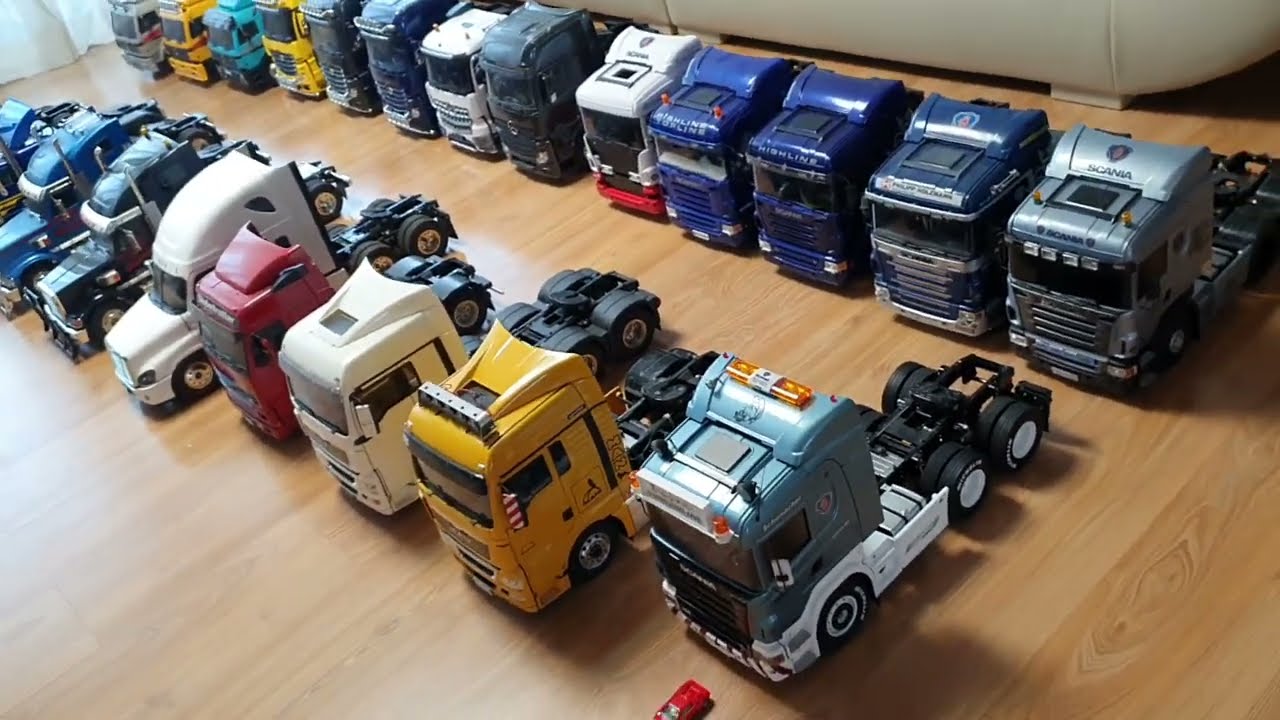 tamiya rc 1/14 truck trailer collection. scania, benz actros, man, cascadia, gloveliner, grandhauler