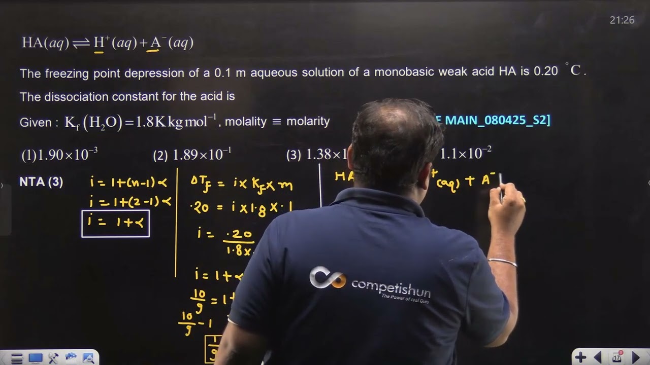 The freezing point depression of a 0.1 m aqueous solution 08 APR 2025 SHIFT-2 JEE MAIN PYQ