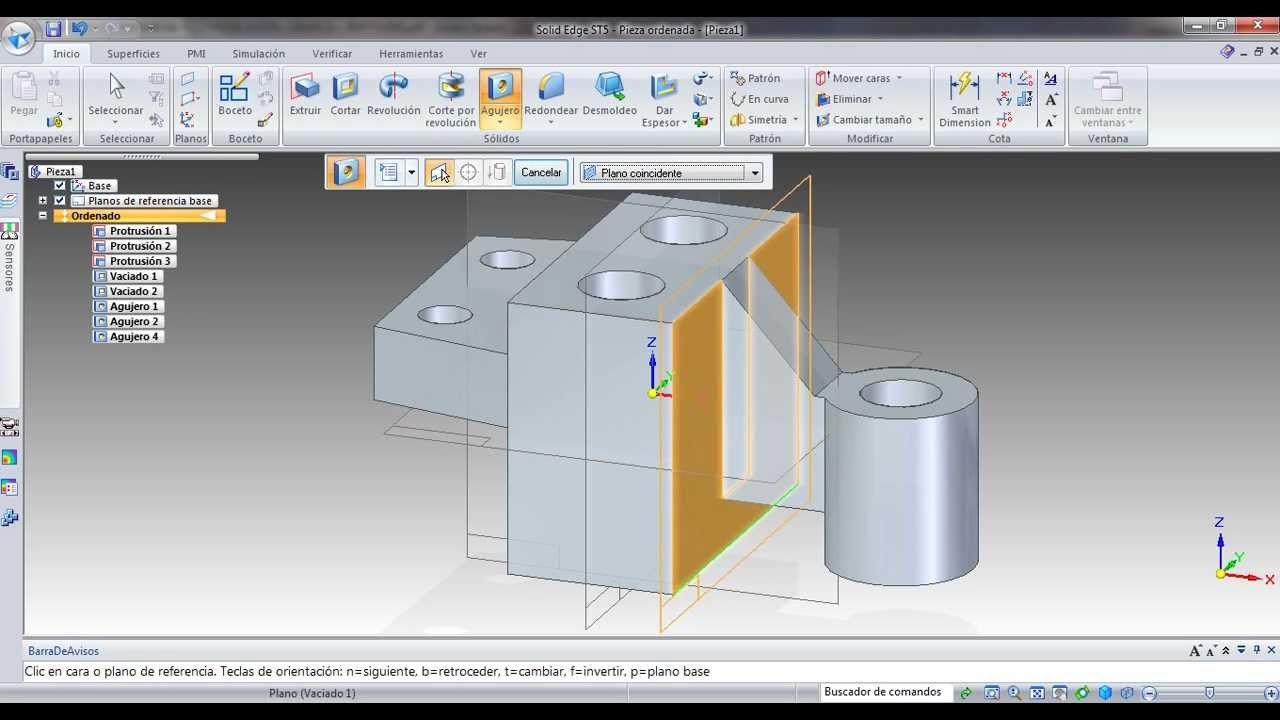 Uso de Herramientas en Solid Edge: Extruir, Cortar y Agujeros en modo Ordenado.