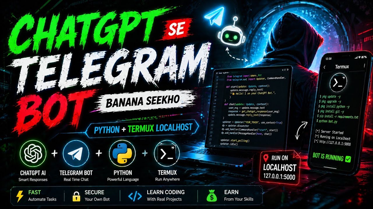 CHATGPT Se Telegram Bot Banana Seekho 🔥 | Python + Termux Localhost Full Tutorial | AI Bot 2026