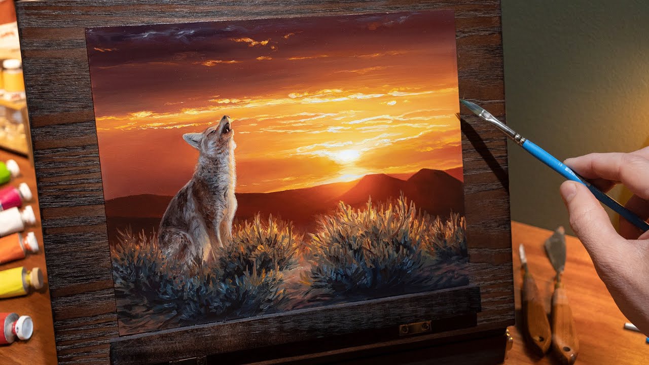 The Songs Of The Prairie | Sunset Oil Painting, Coyote Howls