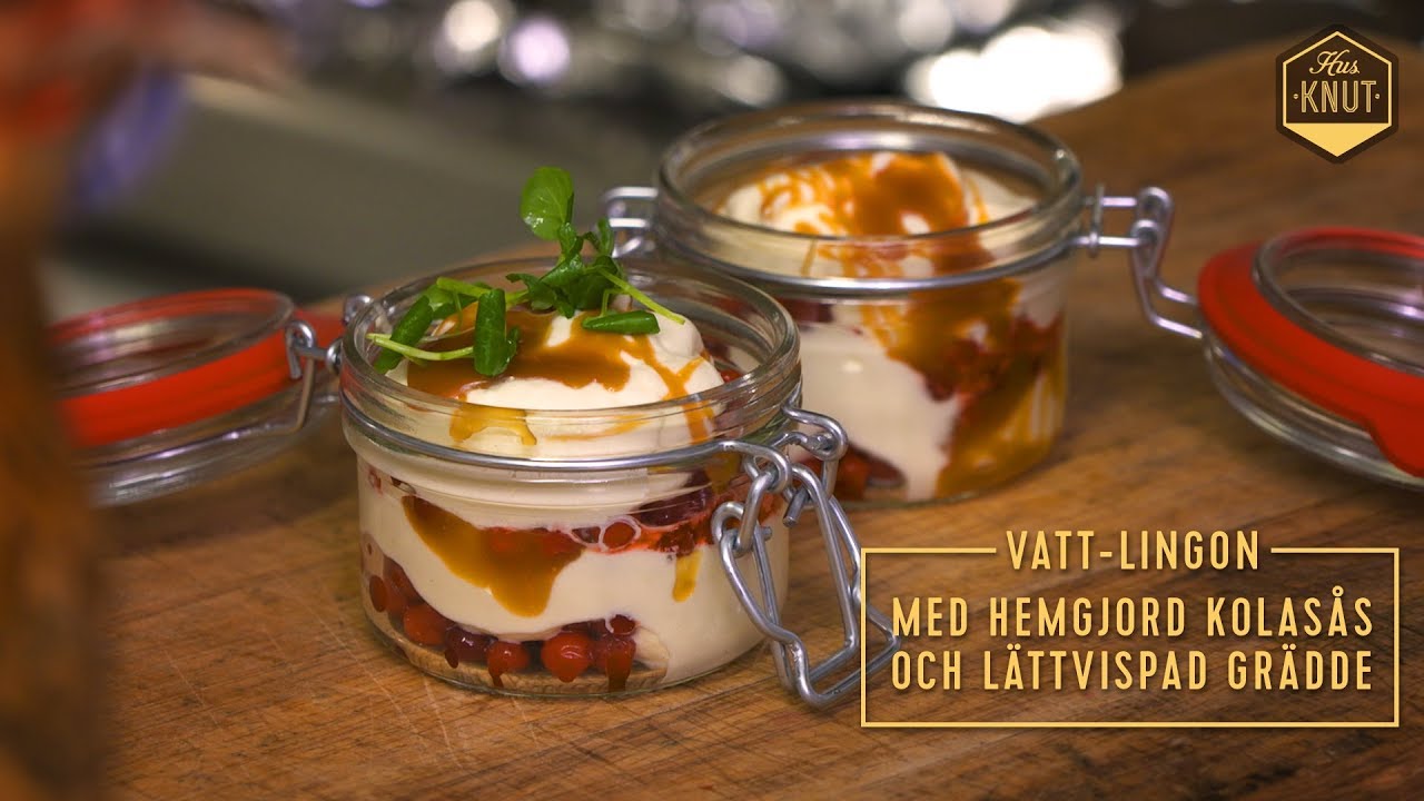 HusKnut Mat Vatt-lingon med kolasås och lättvispad grädde