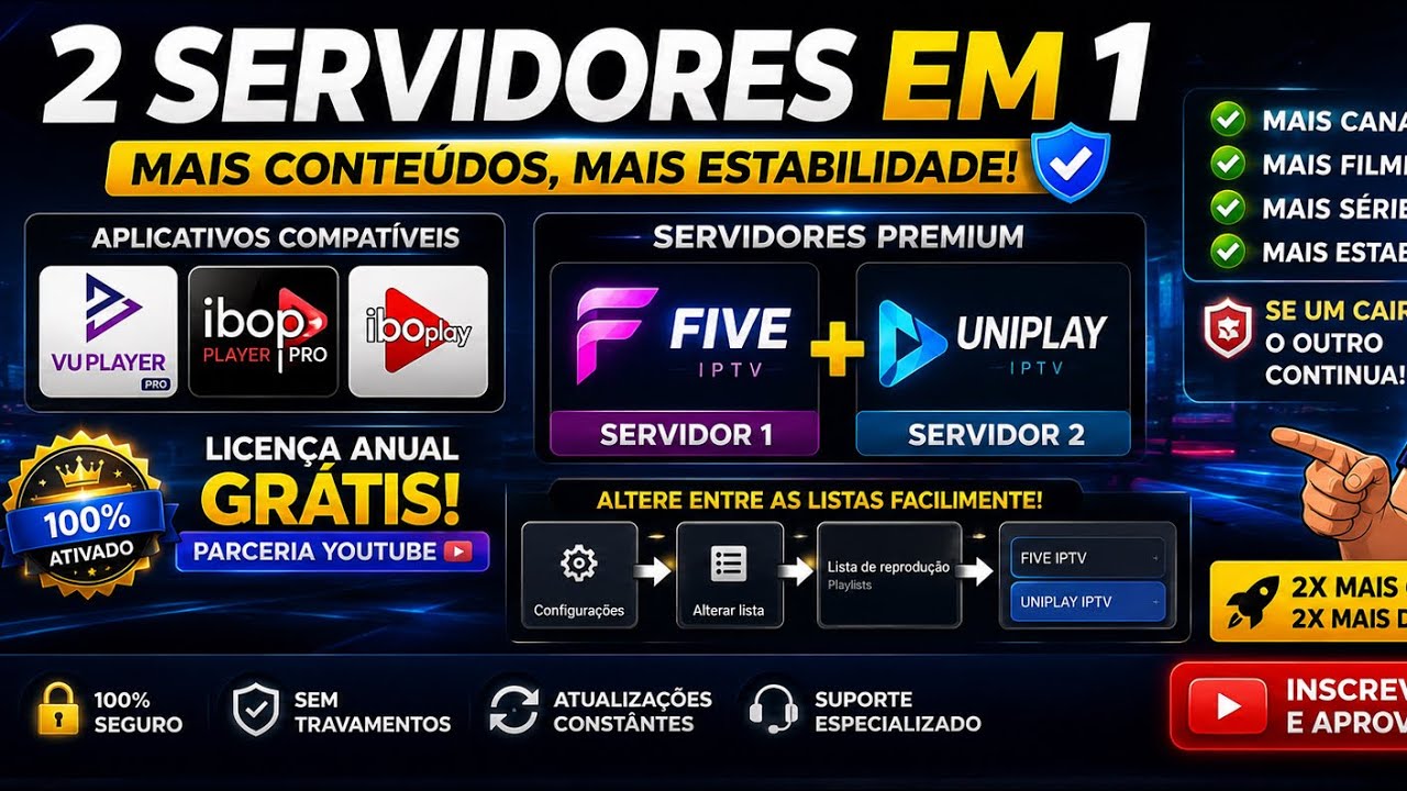 2 SERVIDORES IPTV EM 1 APP! MAIS CONTE&Uacute;DO E MAIS ESTABILIDADE - GR&Aacute;TIS DE 6 HORAS - PC -TV SMART-BOX