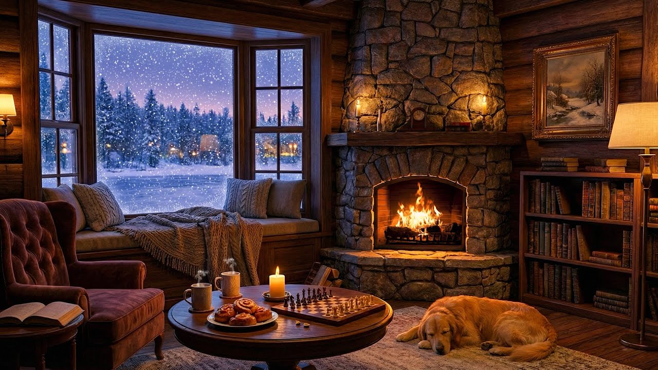 Smooth Jazz in Cozy Winter Cottage Ambience | Gentle Snowfall & Crackling Fireplace for Sleep, Relax