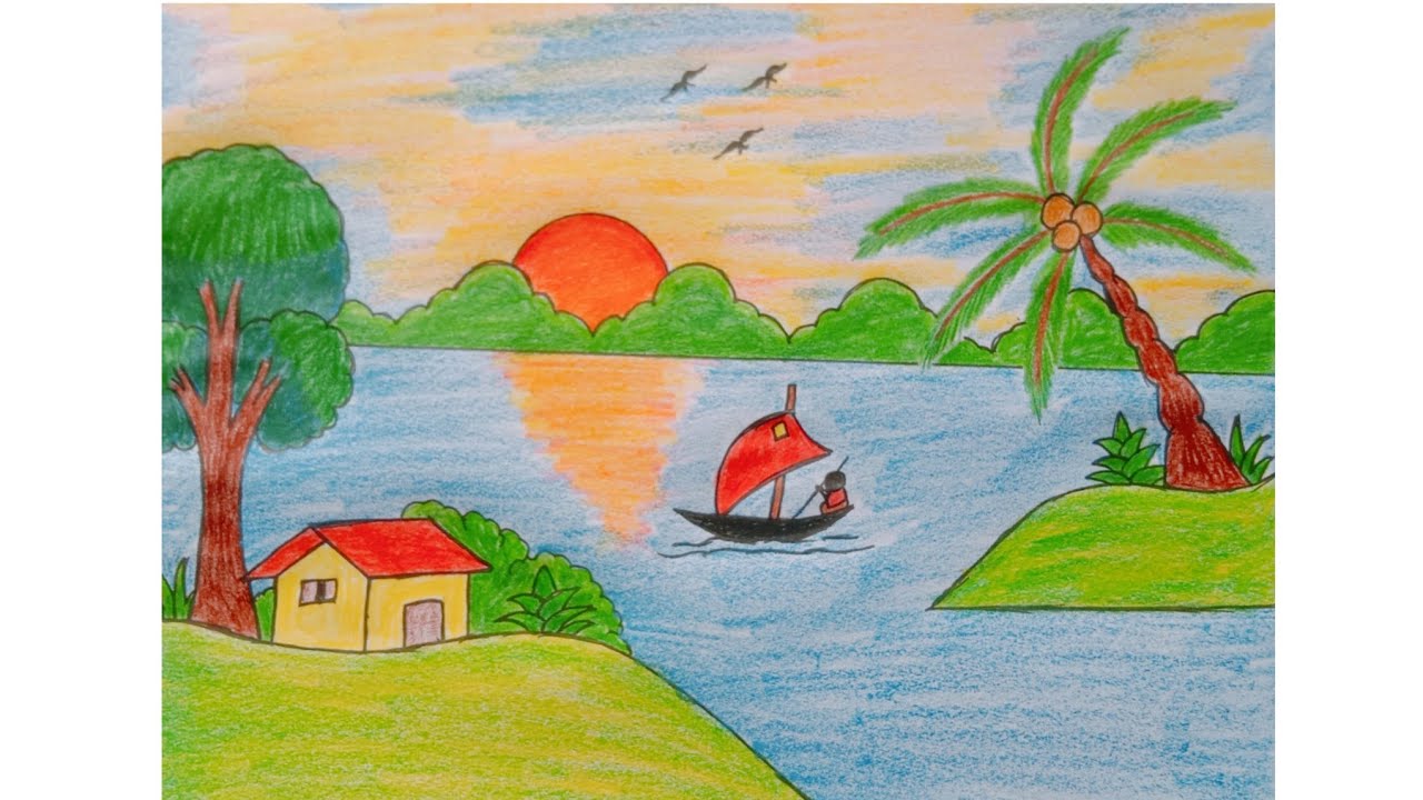 Village scenery drawing easy।। How to draw a village scenery।। Village drawing and painting 
