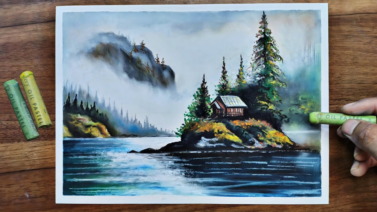 Misty mountains and Lonely house - easy oil pastel drawing/ oil Pastel Landscape drawing