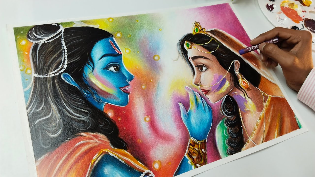 Radha Krishna Playing Holi Drawing, Holi Special Drawing, Time Lapse 😍