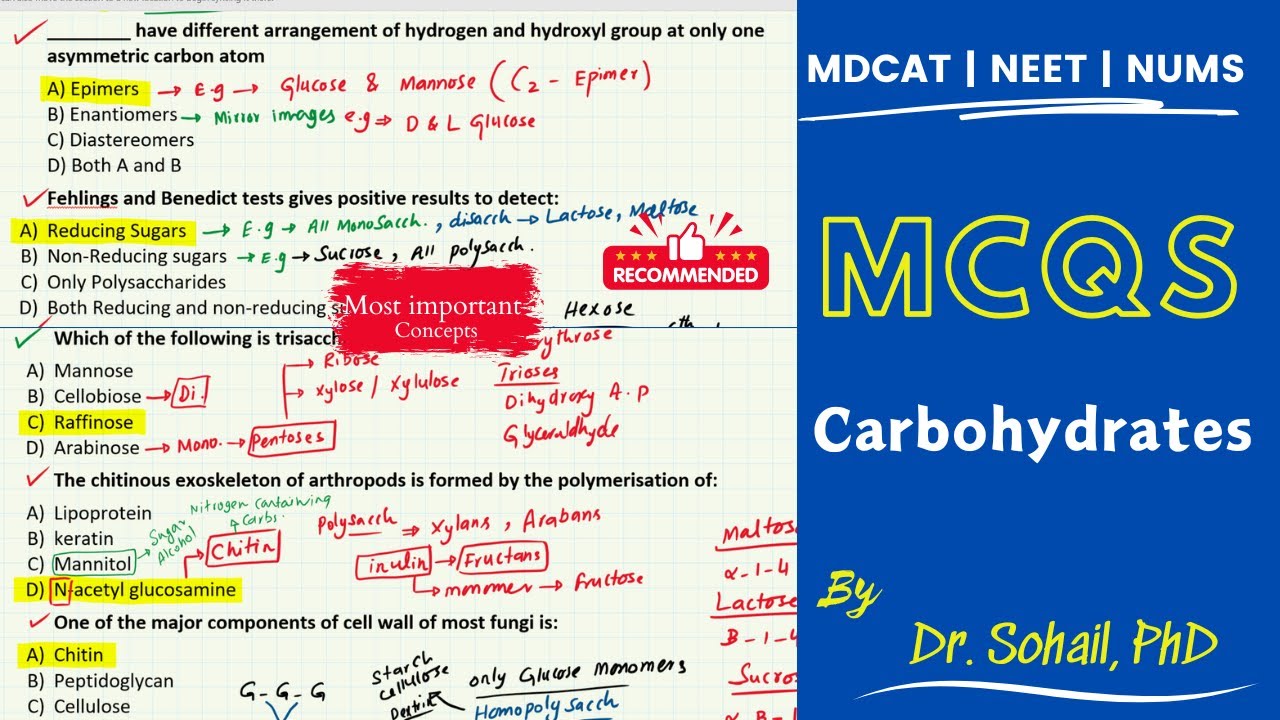 MCQS on Carbohydrates | MDCAT | ETEA | JSMU | NEET | NUMS