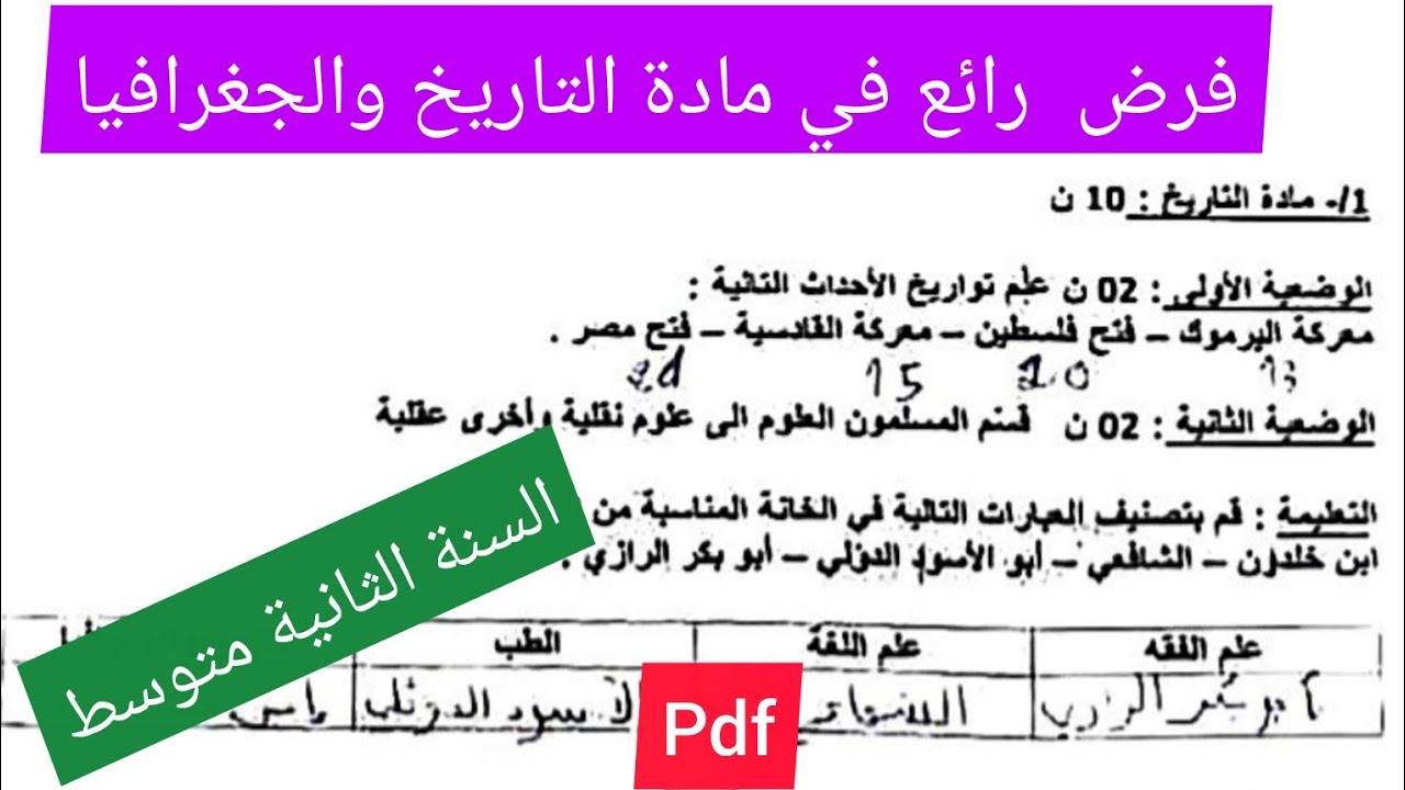 فرض الفصل الثالث في مادة التاريخ والجغرافيا السنة الثانية متوسط