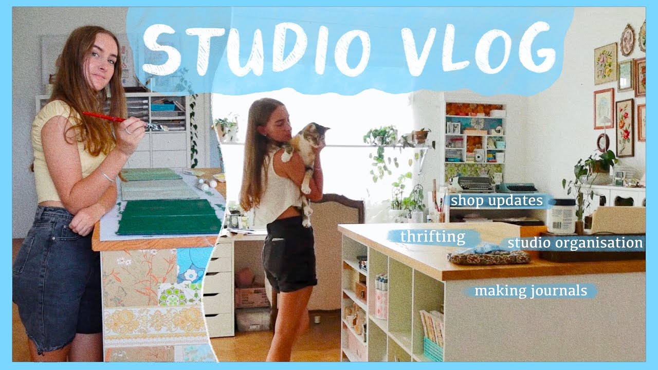 art studio vlog ✿ cleaning and organising, thrifting and making journal covers
