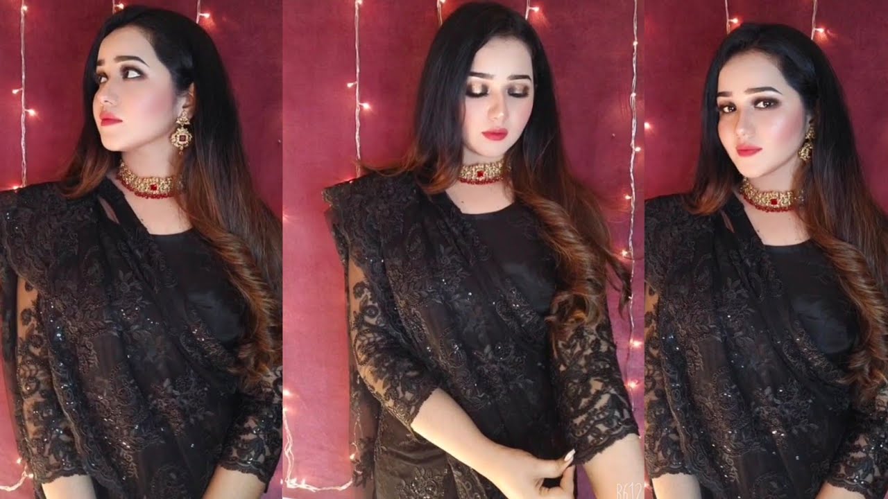 Makeup with black saree | Halo eye makeup golden black | @sitarayaseensana black saree dress