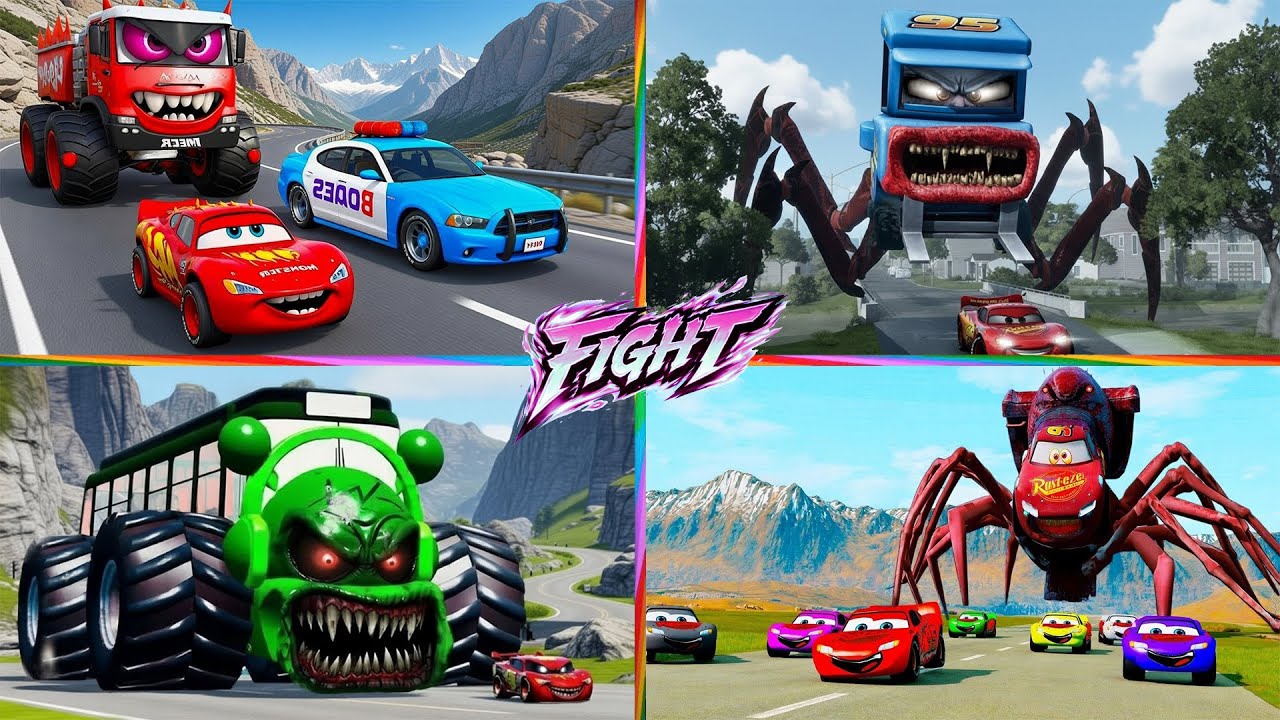Tiles Hop EDM Rush 🎶 Giant Mutants 🚁 Zoombie Mcqueen 🆚 School Bus 🆚 Police Car / TILES 💢