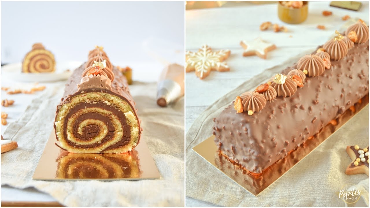 Bûche de Noël roulée chocolat cacahuètes